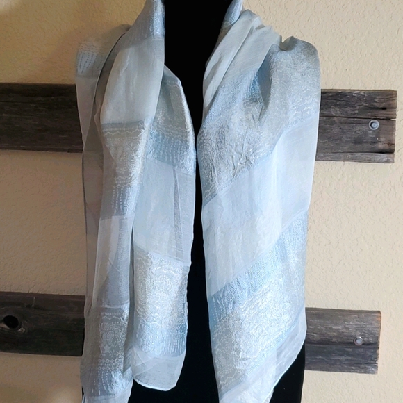 Silk and Rayon Scarf 24" x 64" Blue & Silver - Picture 3 of 6